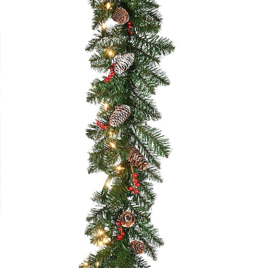 9&#x27; x 10&#x22; Pre-lit Glittery Mountain Spruce Artificial Christmas Garland with White Edged Cones, Red Berries and 50 Clear Lights